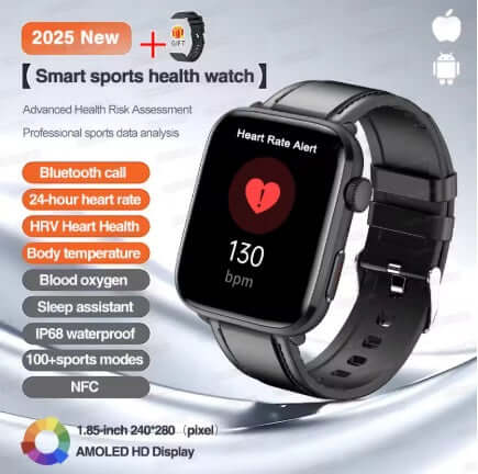 Xiaomi Series 10 Smart Watch with black case and leather strap displaying health metrics and features.