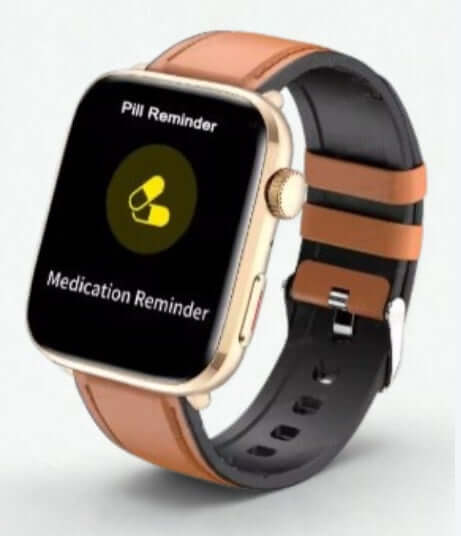 Xiaomi Series 10 Smart Watch with gold case and brown leather strap showing pill reminder on screen.