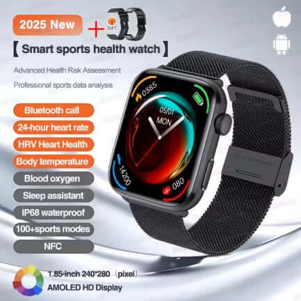 Xiaomi Series 10 Smart Watch featuring a black case and fabric strap, displaying health metrics and sports modes.