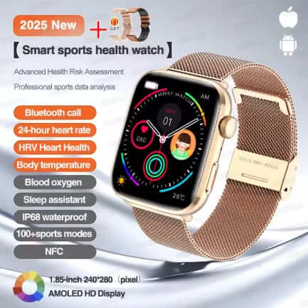 Xiaomi Series 10 Smart Watch with gold case and textile strap showcasing health features and AMOLED display
