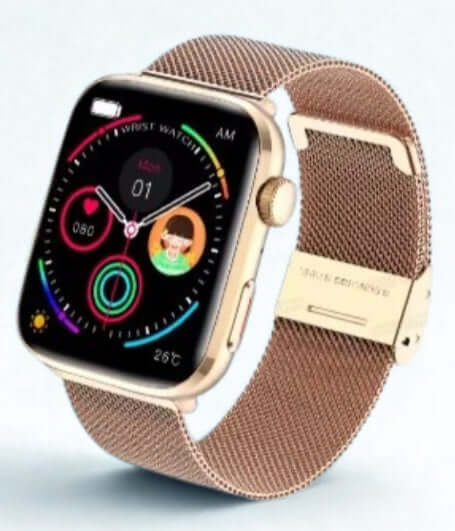 Xiaomi Series 10 Smart Watch with gold case and textile bracelet showcasing colorful interface on HD touchscreen.
