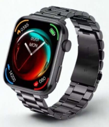 Xiaomi Series 10 Smart Watch featuring black case and black steel strap, showcasing vibrant touchscreen and sleek design.