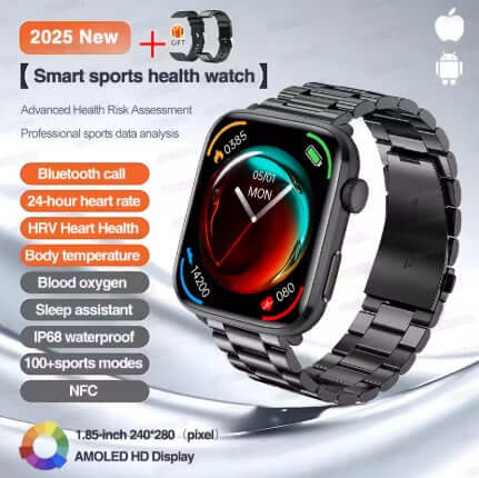 Xiaomi Series 10 Smart Watch with black case and black steel strap showcasing features like Bluetooth call and health monitoring.