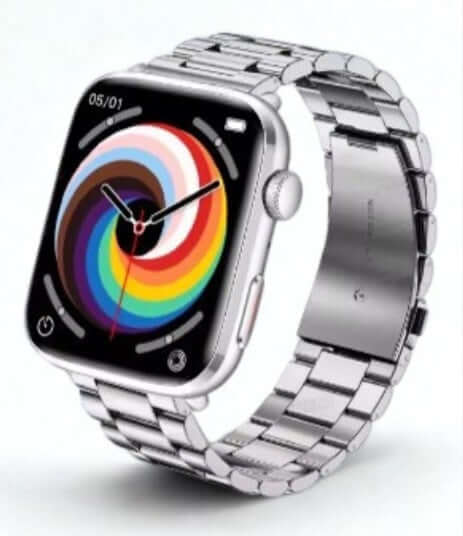 Xiaomi Series 10 Smart Watch featuring a silver case and silver steel strap, showcasing a colorful HD touchscreen.