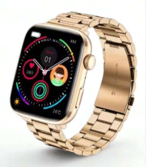 Xiaomi Series 10 Smart Watch with gold case and gold steel strap, featuring a colorful HD touchscreen.
