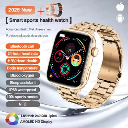 Xiaomi Series 10 Smart Watch with gold case and gold steel strap features a 1.85-inch AMOLED HD display.