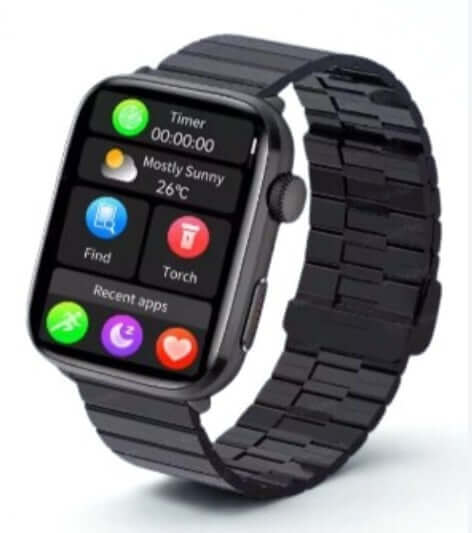 Xiaomi Series 10 Smart Watch displaying apps on a black case and smooth black steel strap.