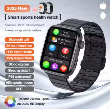 Xiaomi Series 10 Smart Watch with black case and smooth steel strap displaying health features and touchscreen.