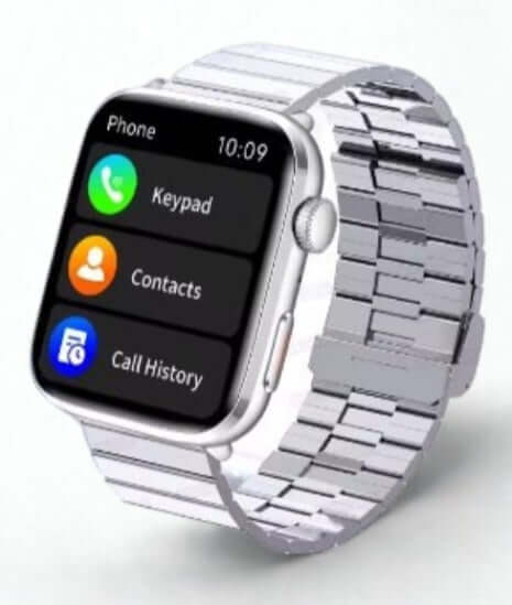 Xiaomi Series 10 Smart Watch with silver case and smooth steel strap showing phone interface on the screen.