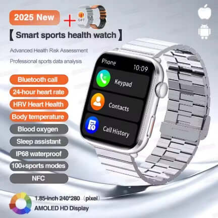 Xiaomi Series 10 Smart Watch showcasing features like Bluetooth call, heart rate, and sports modes on smooth silver steel strap.