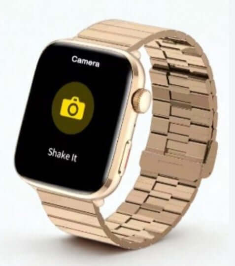 Xiaomi Series 10 Smart Watch with gold case and smooth steel bracelet displaying camera feature.