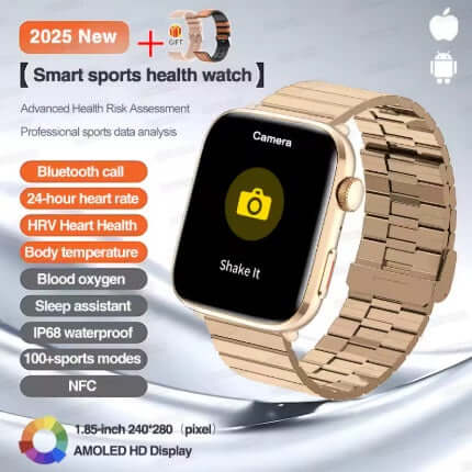 Xiaomi Series 10 Smart Watch with gold case and bracelet, featuring Bluetooth call and health tracking functions.